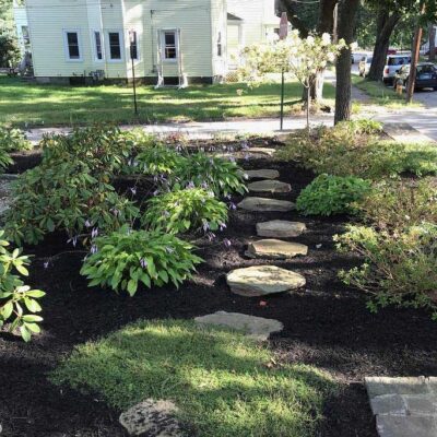 Flowering front yard garden with stepping stone walkway through the plants.